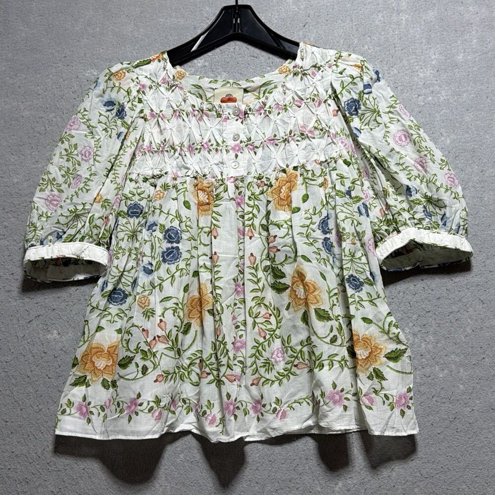 Farm Rio Folk Floral Off-White Scoop Neck Short Sleeve Blouse Women’s Small